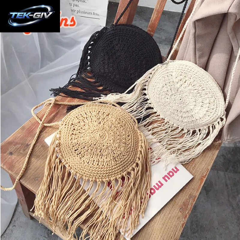 Yogodlns Mode Runde Hand-Gewebt Frau Schulter Tasche Sommer Reise Einkaufen Stroh Strand Taschen Quasten Weibliche Kleine Umhängetasche
