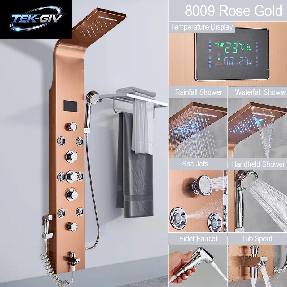 Luxus Bad Dusche Panel Wasserfall Regen Dusche Kopf Heiß Kalt Mischbatterie Bidet Wasserhahn Mit Handbrause Massage Jets Auslauf