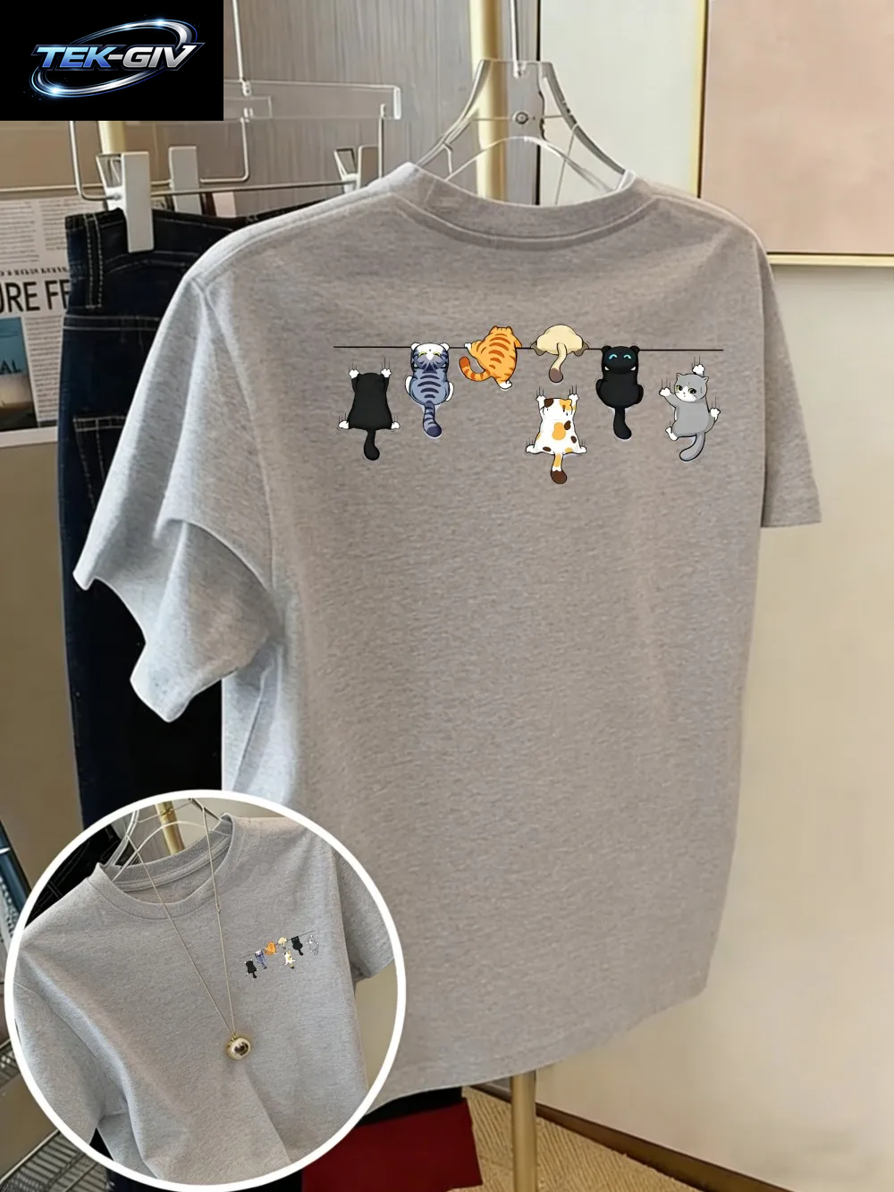 Cartoons Cats Prints T-Shirts Sommer Damen Baumwoll-T-Shirts Basic O-Ausschnitt Oversize Kurzarm-Tops Casual Street Woman Kleidung