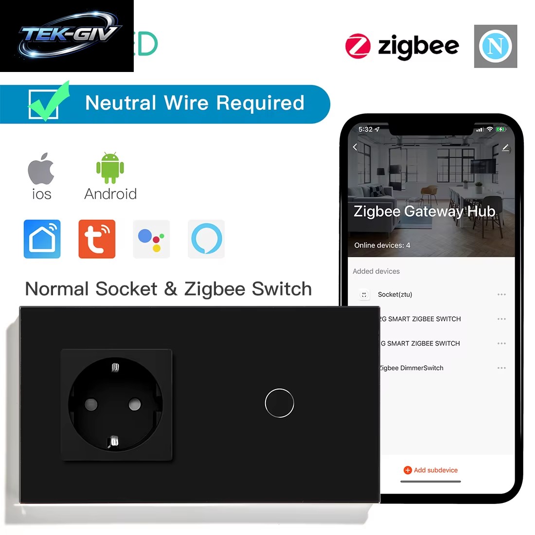 BSEED 1/2/3Gang Zigbee Wand-Touch-Schalter plus Eu-Steckdosen Doppelte Dreifach-Lichtschalter Tuya Smart Life App Neutral Erforderlich