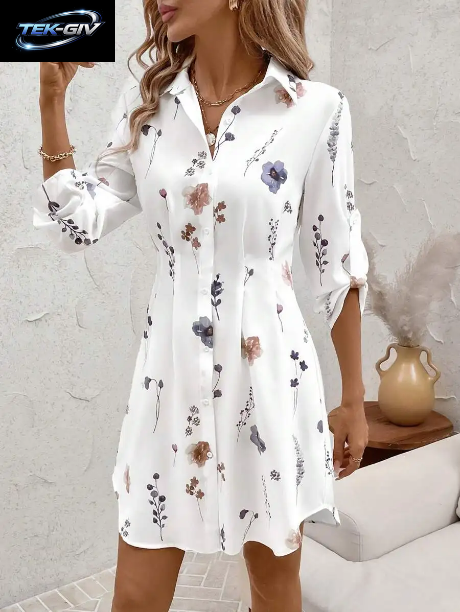 Sommerurlaubs-Outfits Für Damen, Herbst/Winter, Modisch, Vielseitig, Für Pendler, Blumendruck, Hemdkleid, Herbstkleidung Für Damen, Kleid, S