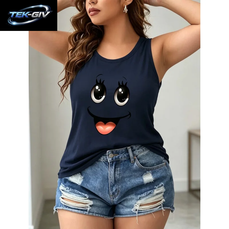 Großer, Modischer Rundhals-Pullover Mit Happy-Face-Print Für Den Sommer, Ärmelloser Sport-Pullover Für Damen