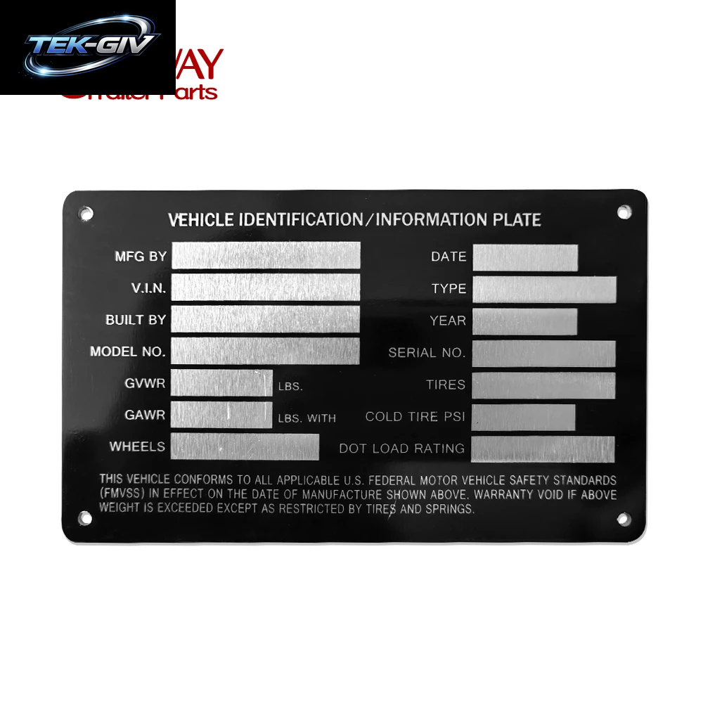 Heavy Duty Aluminium Blank Trailer Truck Equipment Rahmenplatte Serielles Modell ID Tag GVWR Pulverbeschichtetes Finish RV Teile Zubehör