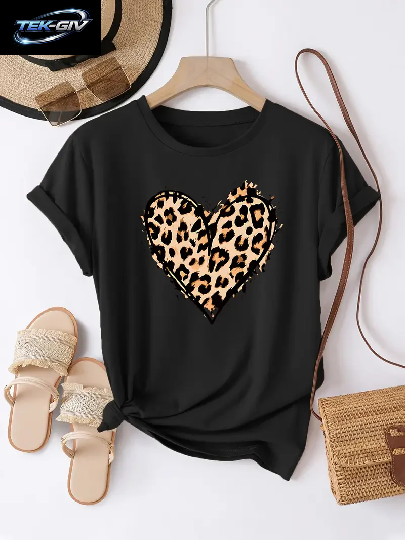 Sommer Top T-Shirt Leopardenmuster Herz Grafik Liebhaber T-Shirt Grafik T-Shirts Damenbekleidung Mode T-Shirt