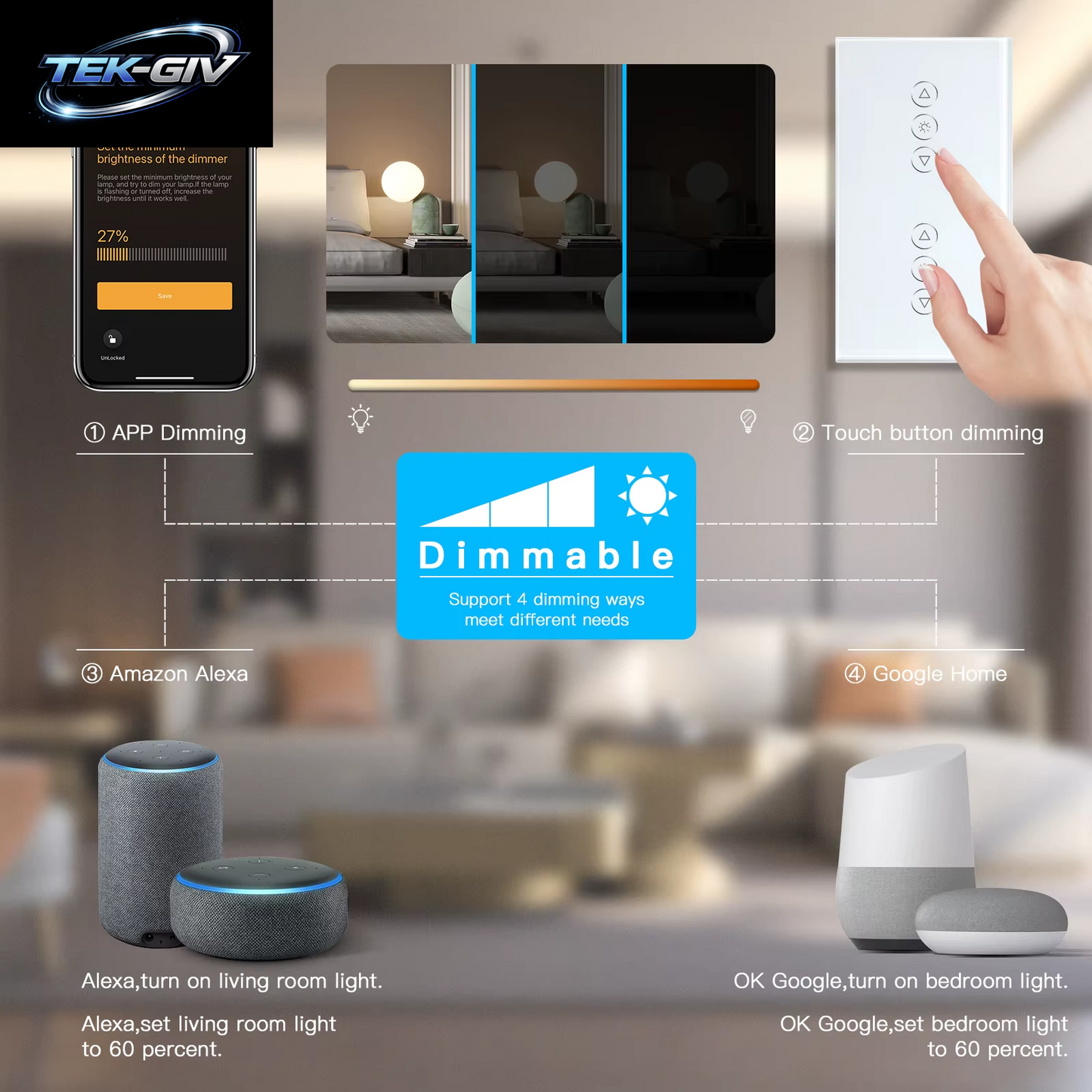BSEED Wifi Dimmer Schalter 1Gang Smart Touch Schalter up down Tuya Smart Leben Alexa App Mit EU Steckdose Typ-C USB Ports