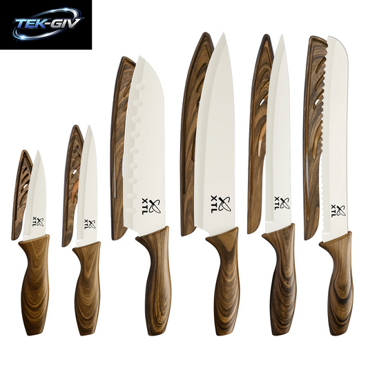 6-Teiliges Küchenmesser-Set Mit Keramikbeschichtung Edelstahl-Kochmesser-Set Mit 6 Klingenschutzvorrichtungen Und Holzgriff