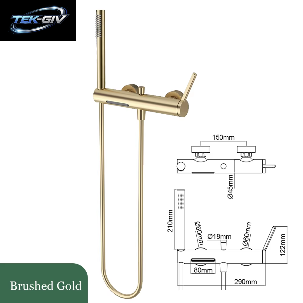 Badezimmer-Duscharmatur-Set Aus Gebürstetem Gold/Gunmetal, Wandmontage, Wasserfall, Massives Messing, Heißer Und Kalter Badewannen-Wasserhahn, 2 Griffe, 2 Löcher