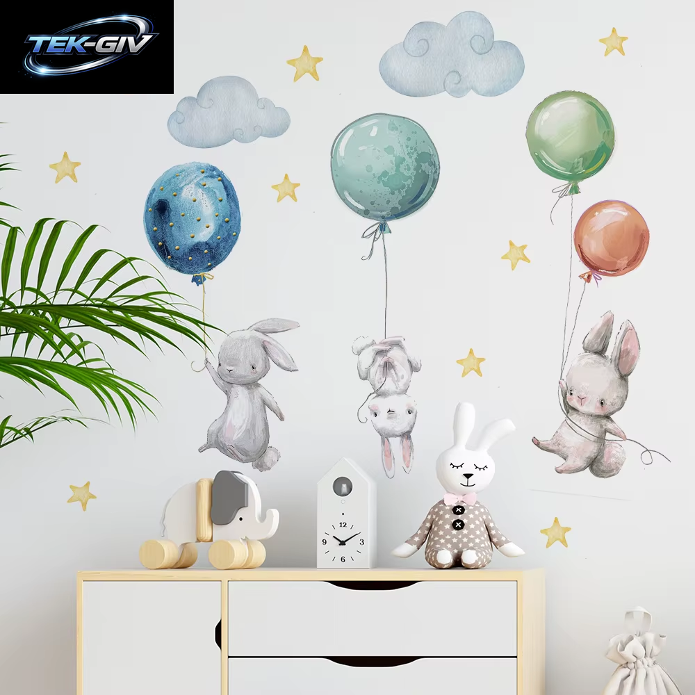 Niedliche Schöne Fliegende Kaninchen Wandaufkleber Luftballons Mond Stern Wolke Abnehmbarer Aufkleber Für Kinder Kinderzimmer Babyzimmer Dekor Poster Wandbild