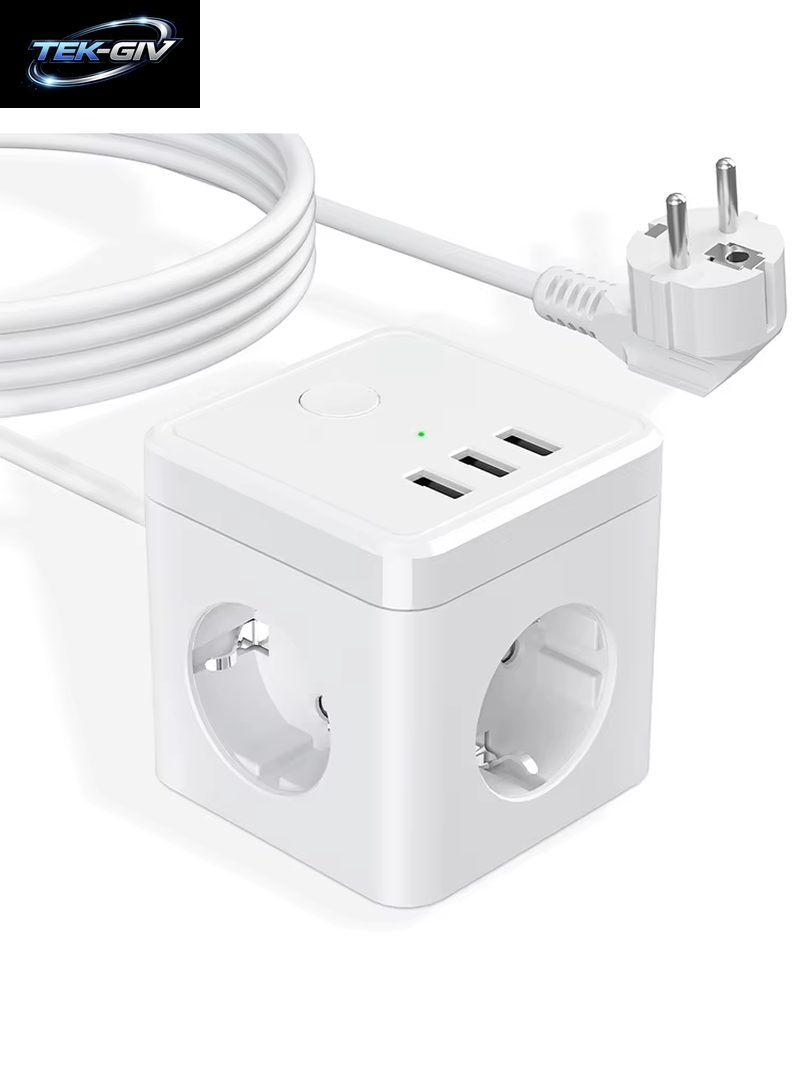 Cube Mehrfachsteckdose Mit Usb-Schnellladeanschluss, 3-Wege-Steckdose Mit Schalter, 2 Euro- Und 1 Schuko-Steckdose Für Zuhause, Schlafzimmer, Büro