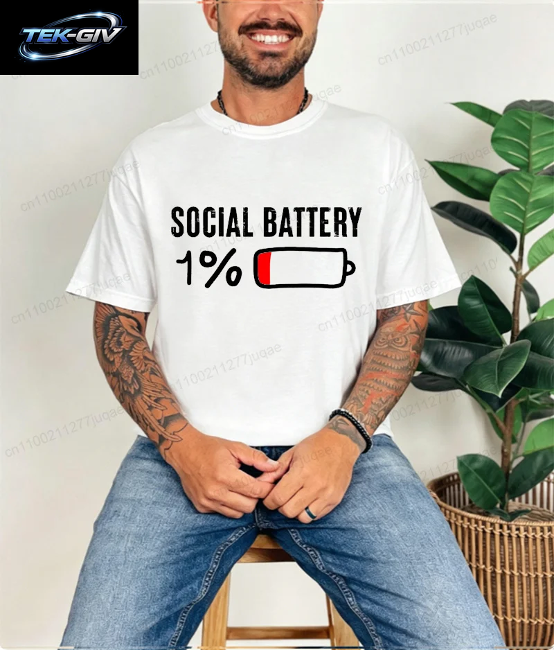 T-Shirt Für Männer, Social Battery 1 Percent, Lustiges Introvert-T-Shirt, Herren-Tops, Freizeitkleidung, Übergröße, Vintage-Kleidung, Trend-T-Shirt