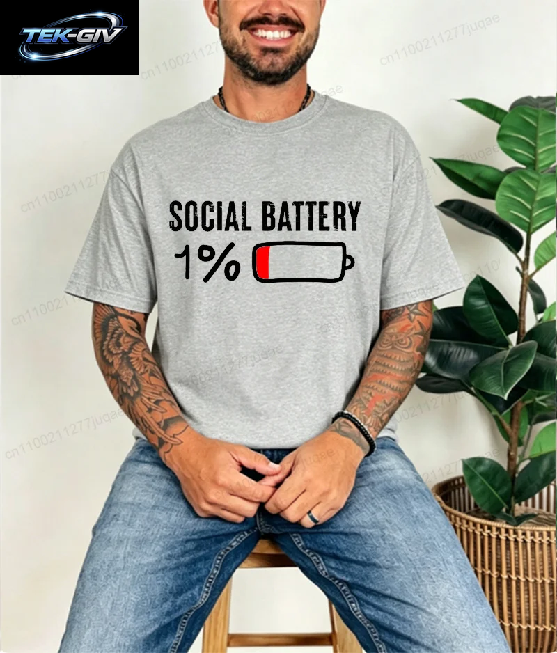 T-Shirt Für Männer, Social Battery 1 Percent, Lustiges Introvert-T-Shirt, Herren-Tops, Freizeitkleidung, Übergröße, Vintage-Kleidung, Trend-T-Shirt