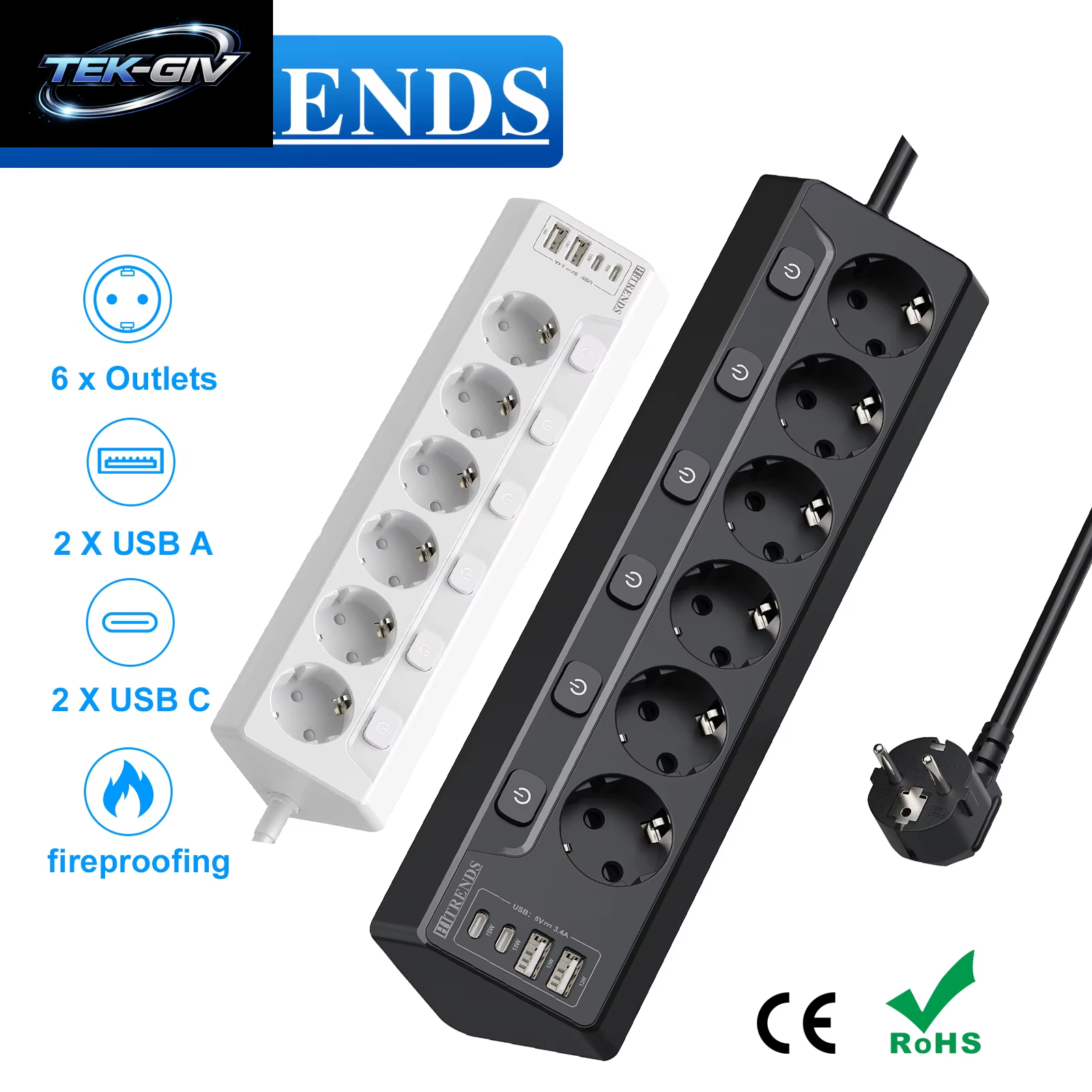 6-Wege-Steckdosenleiste Mit Europäischem Mehrfachstecker Und 2 USB-2 Typ C, Eck-Multifunktionssteckdose Mit 2 M Kabel Für Den Heimtisch