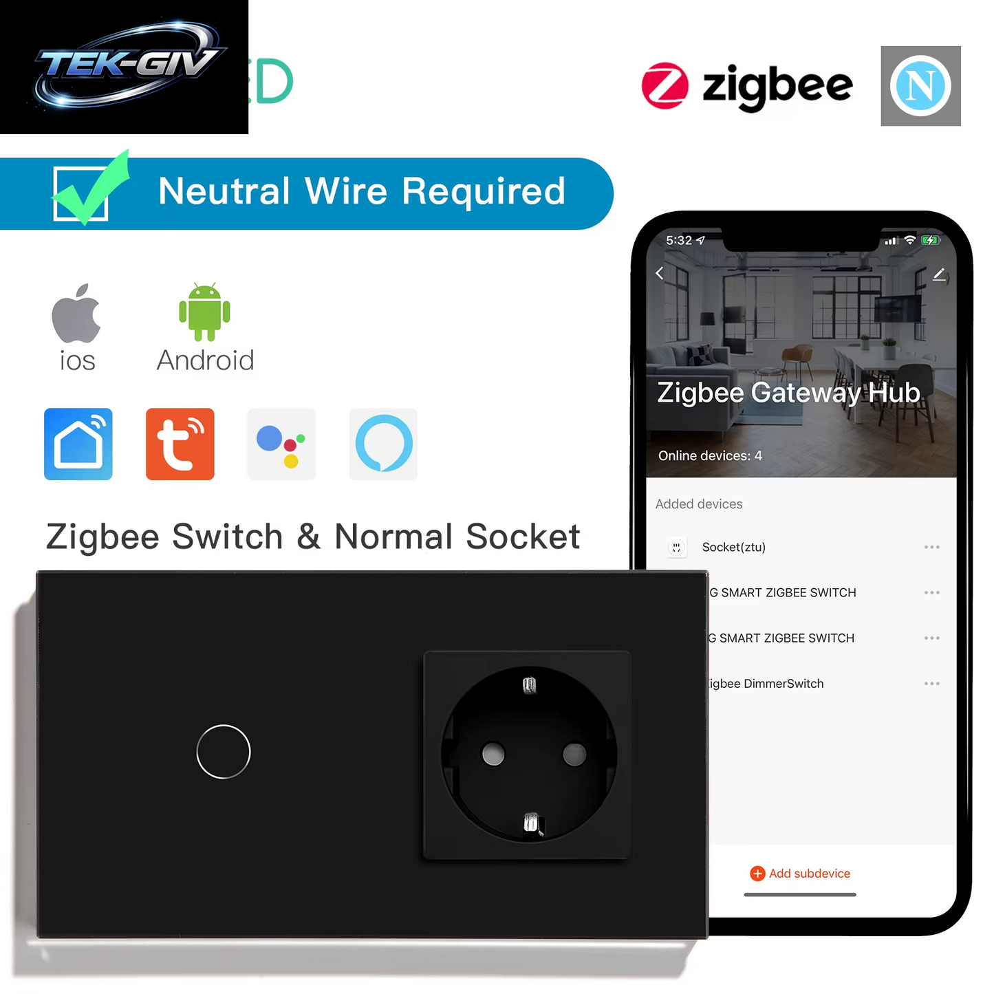 BSEED 1/2/3Gang Zigbee Wand-Touch-Schalter plus Eu-Steckdosen Doppelte Dreifach-Lichtschalter Tuya Smart Life App Neutral Erforderlich