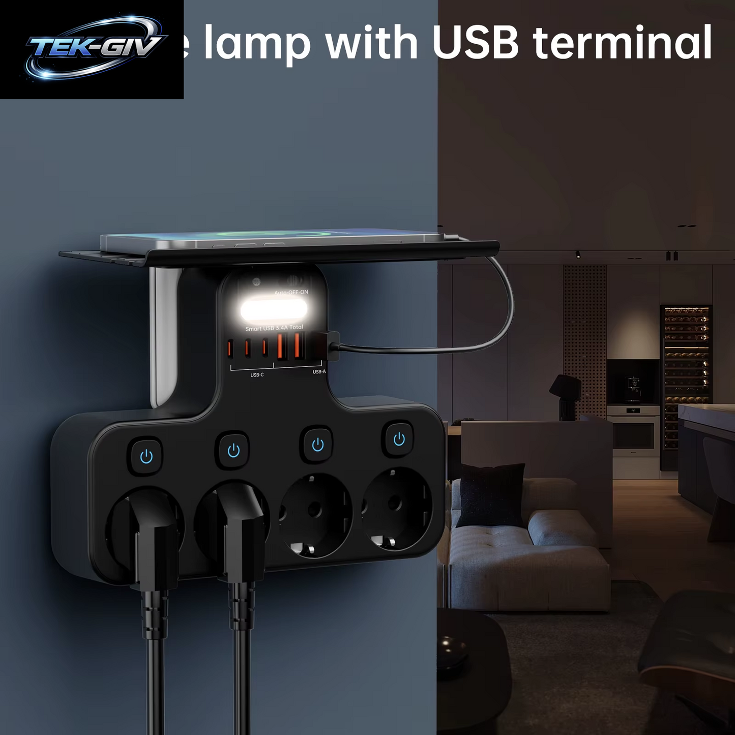 4000 W Eu-Stecker Steckdosenleiste Multifunktionssteckdose Intelligentes Nachtlicht Unabhängiger Schalter Europäische Standardsteckdose Mit Usb-C-Anschlüssen