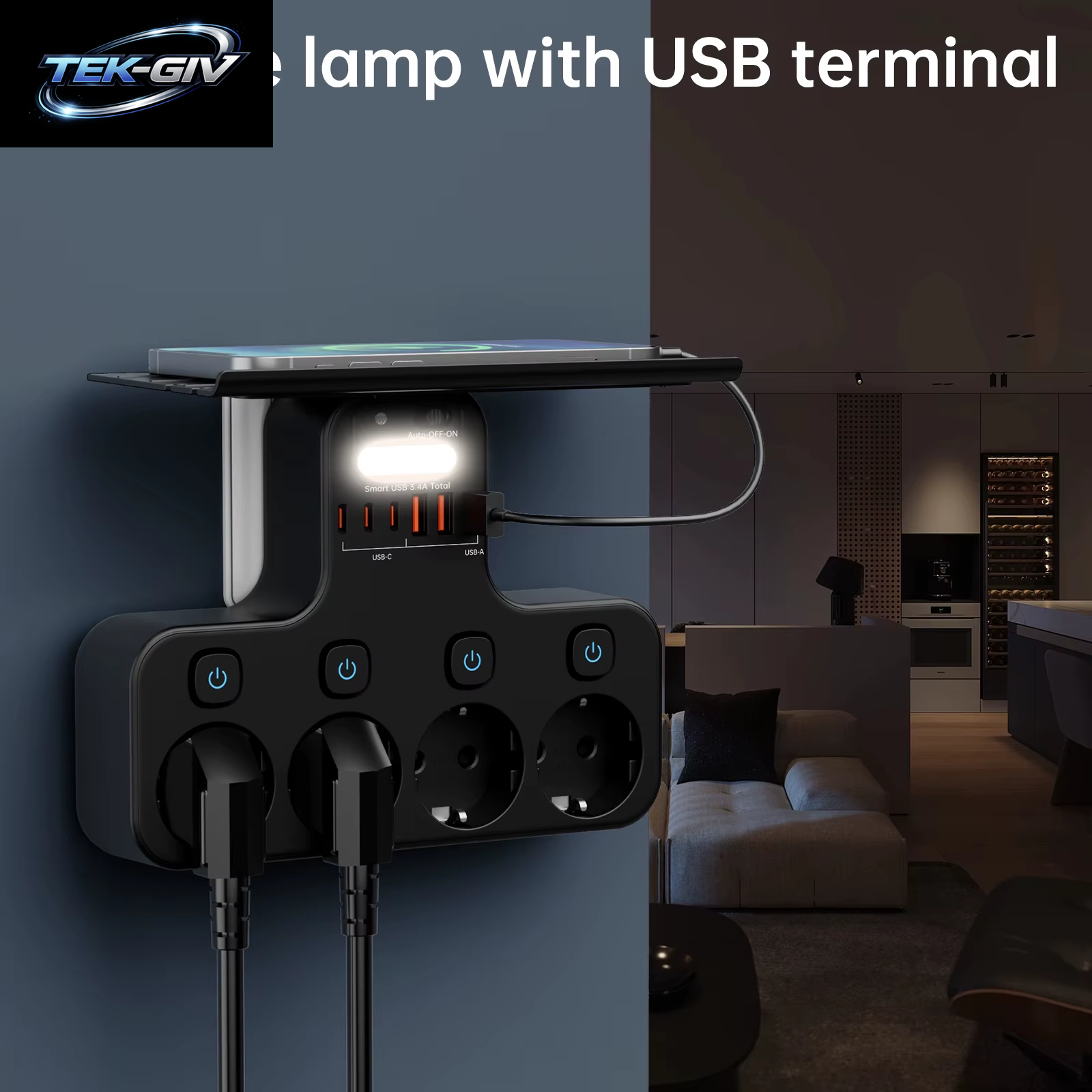 4000 W Eu-Stecker Steckdosenleiste Multifunktionssteckdose Intelligentes Nachtlicht Unabhängiger Schalter Europäische Standardsteckdose Mit Usb-C-Anschlüssen