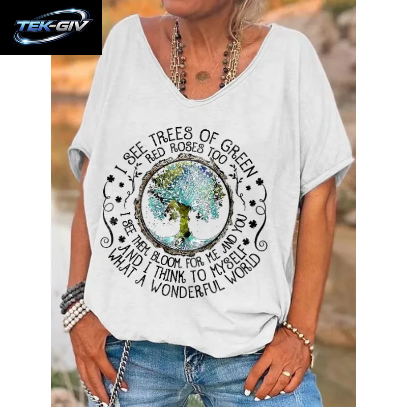 Ilstile Damen-T-Shirt Mit V-Ausschnitt, Hippie-Print „What a Wonderful World“, Sommer-Kurzarm-T-Shirt Für Damen, Oberteile, Lässige T-Shirts