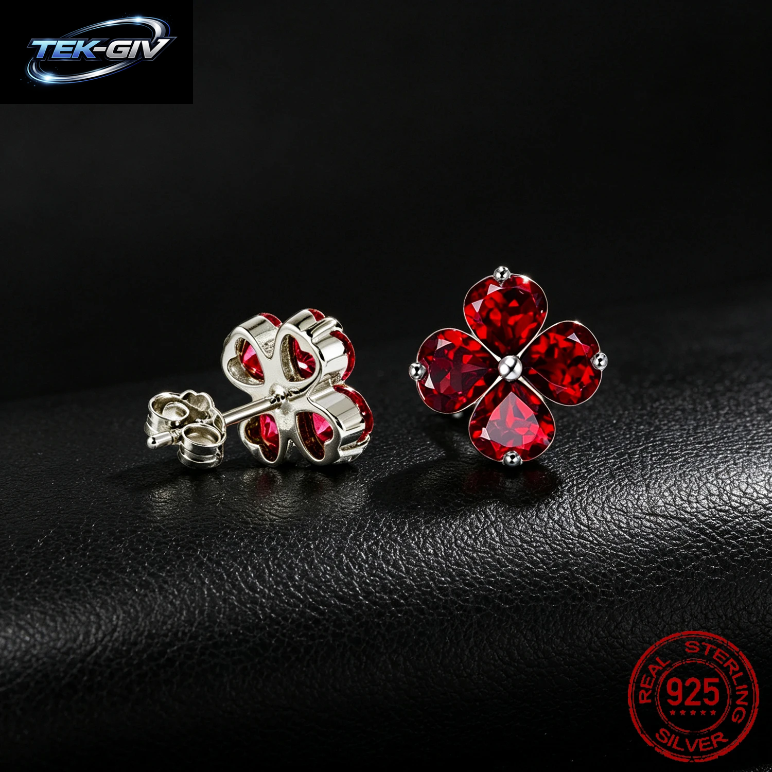 OZAN S925 Sterling Silber Granat-Ohrstecker Glücksklee Modischer Trendiger Damen-Edelsteinschmuck Jubiläums- Und Geburtstagsgeschenk