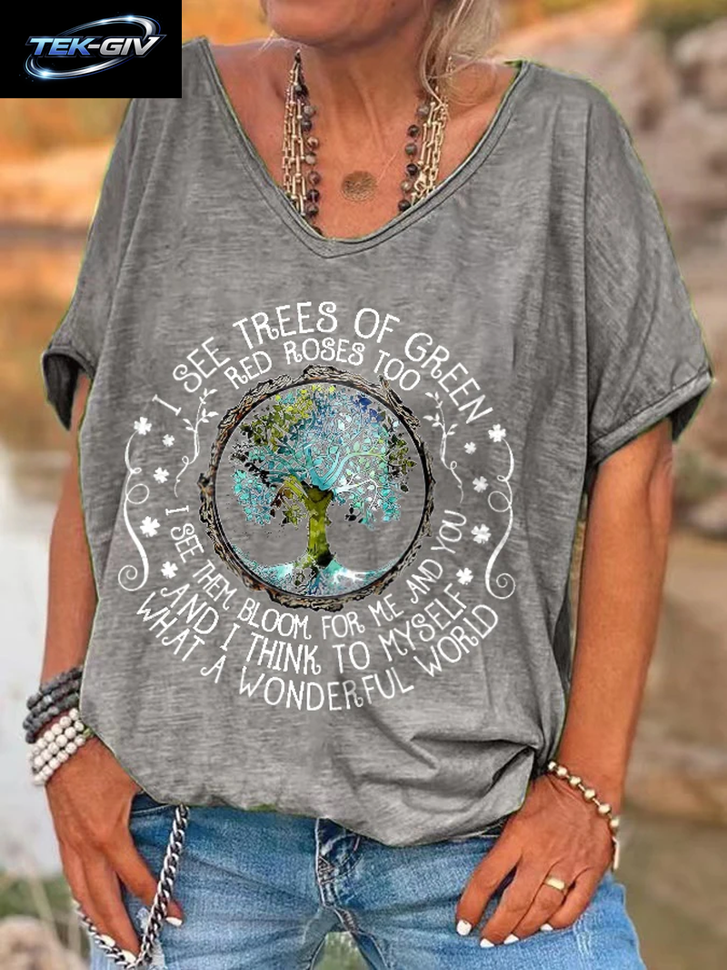 Ilstile Damen-T-Shirt Mit V-Ausschnitt, Hippie-Print „What a Wonderful World“, Sommer-Kurzarm-T-Shirt Für Damen, Oberteile, Lässige T-Shirts