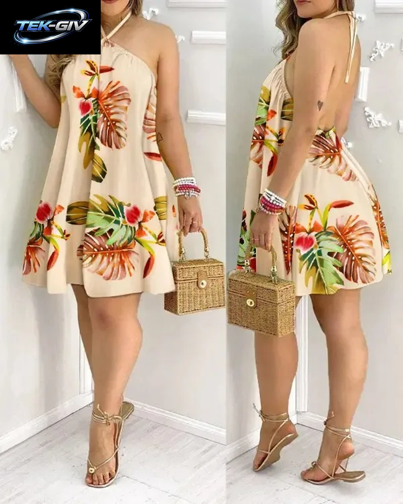 Damen 2026 Tropisches Blättermuster Neckholder-Minikleid Ärmellos Rückenfrei A-Linie Sommer Strandkleid Lässig