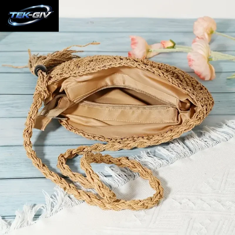 Mode Aushöhlen Schulter Taschen Casual Stroh Umhängetasche Kleine Runde Tasche Geldbörse Quaste Messenger Handtaschen Bolsa Feminina