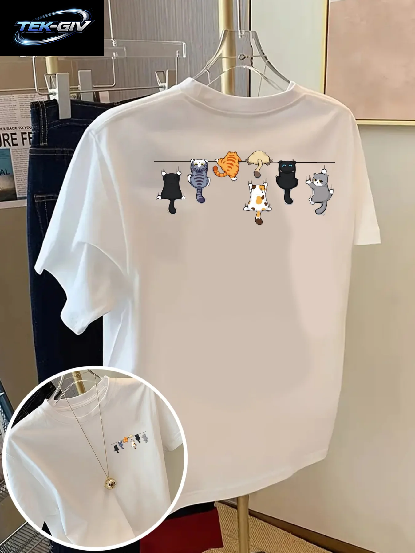 Cartoons Cats Prints T-Shirts Sommer Damen Baumwoll-T-Shirts Basic O-Ausschnitt Oversize Kurzarm-Tops Casual Street Woman Kleidung