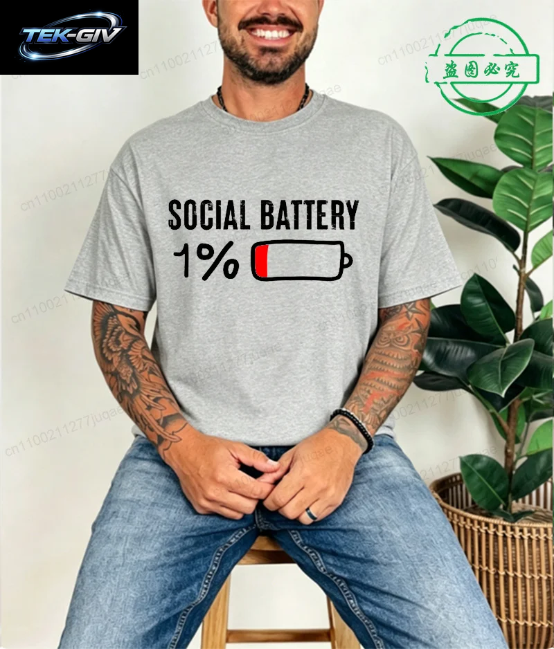 T-Shirt Für Männer, Social Battery 1 Percent, Lustiges Introvert-T-Shirt, Herren-Tops, Freizeitkleidung, Übergröße, Vintage-Kleidung, Trend-T-Shirt