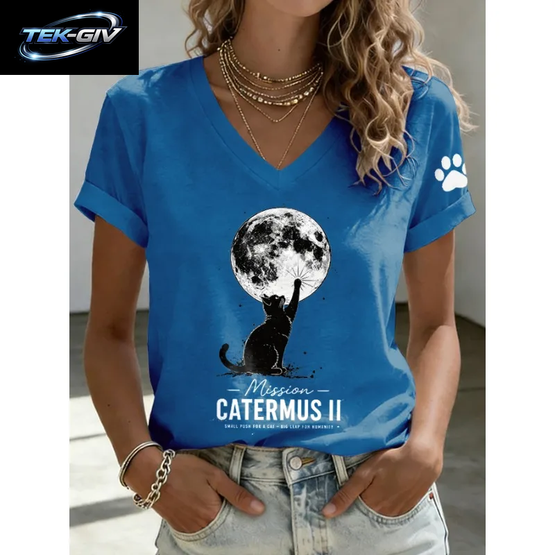 Ilstile Artemis II Damen-T-Shirts Mit Katzenmuster, Sommer-Kurzarm-Tops, Lässige T-Shirts Mit V-Ausschnitt, Schwarz-Weißes T-Shirt, Neu Eingetroffen