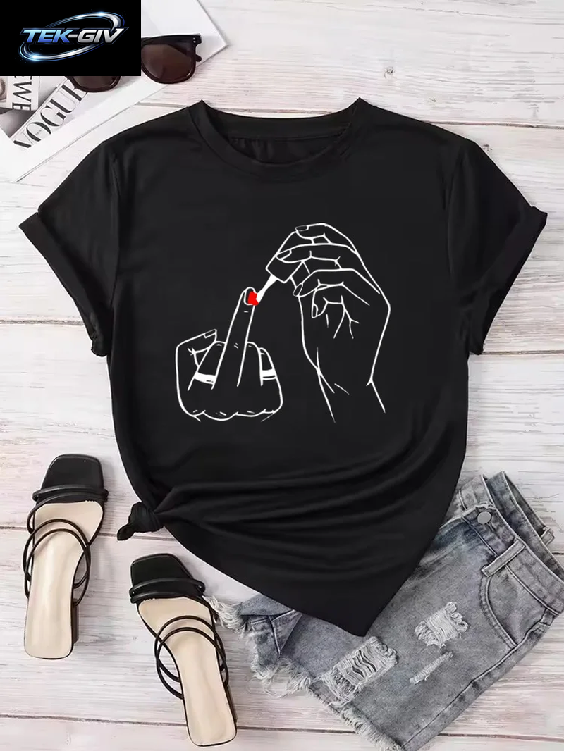 Frauen Mittelfinger Nagellack Drucke T Shirt Sommer Komfortable Weiche Kurzarm Oansatz Tops Casual Weibliche Kleidung