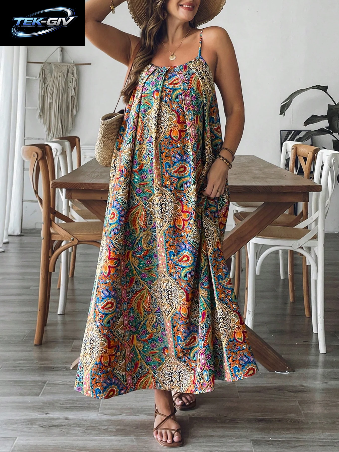 Übergröße Blumen-Paisley Maxikleid Fließendes Strand-Boho Urlaubskleid Sommerkleid