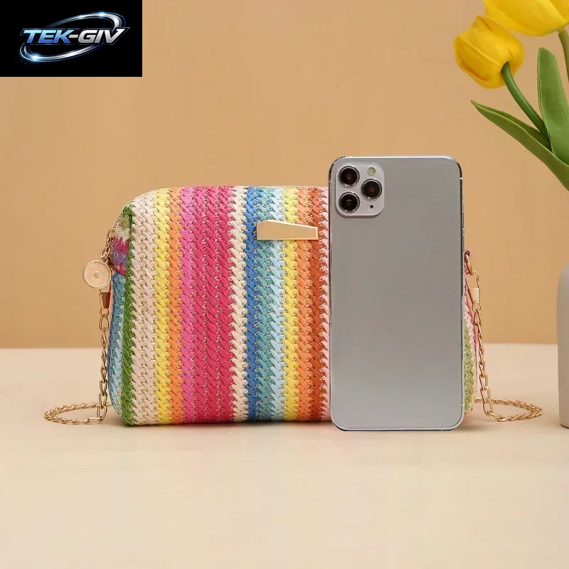 Rattan Stricken Frauen Stroh Tasche Strand Sommer Kette Kleine Geldbörse Und Handtasche Weibliche Schulter Umhängetaschen Reise Design Flap Bag