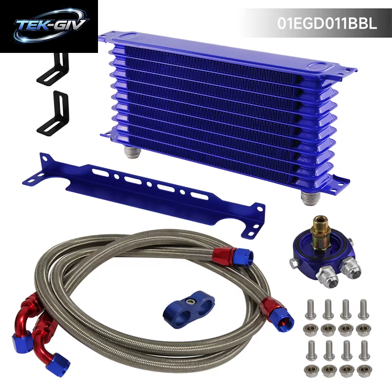 AN10 10-Reihiger 262 Mm Universeller Motor-Getriebeölkühler Mit Halterung + Aluminium-Filterschlauchend-Kit Blau/Schwarz Für 350Z 4G63
