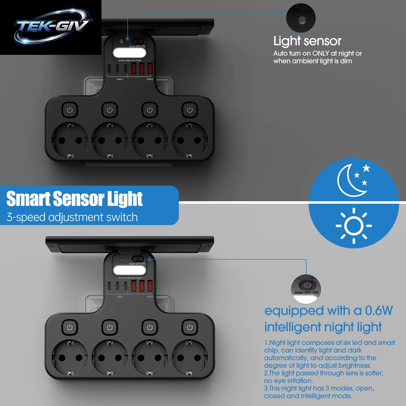 4000 W Eu-Stecker Steckdosenleiste Multifunktionssteckdose Intelligentes Nachtlicht Unabhängiger Schalter Europäische Standardsteckdose Mit Usb-C-Anschlüssen