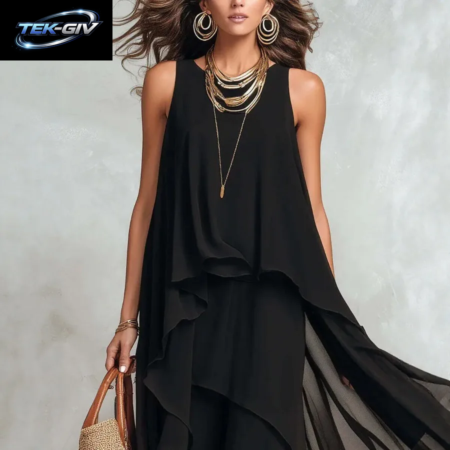 Elegantes Einfarbiges Damenkleid Sommerliches Lässiges O-Ausschnitt Ärmelloses Asymmetrisches Rüschen-Maxikleid Aus Chiffon Für Urlaub Und Partys
