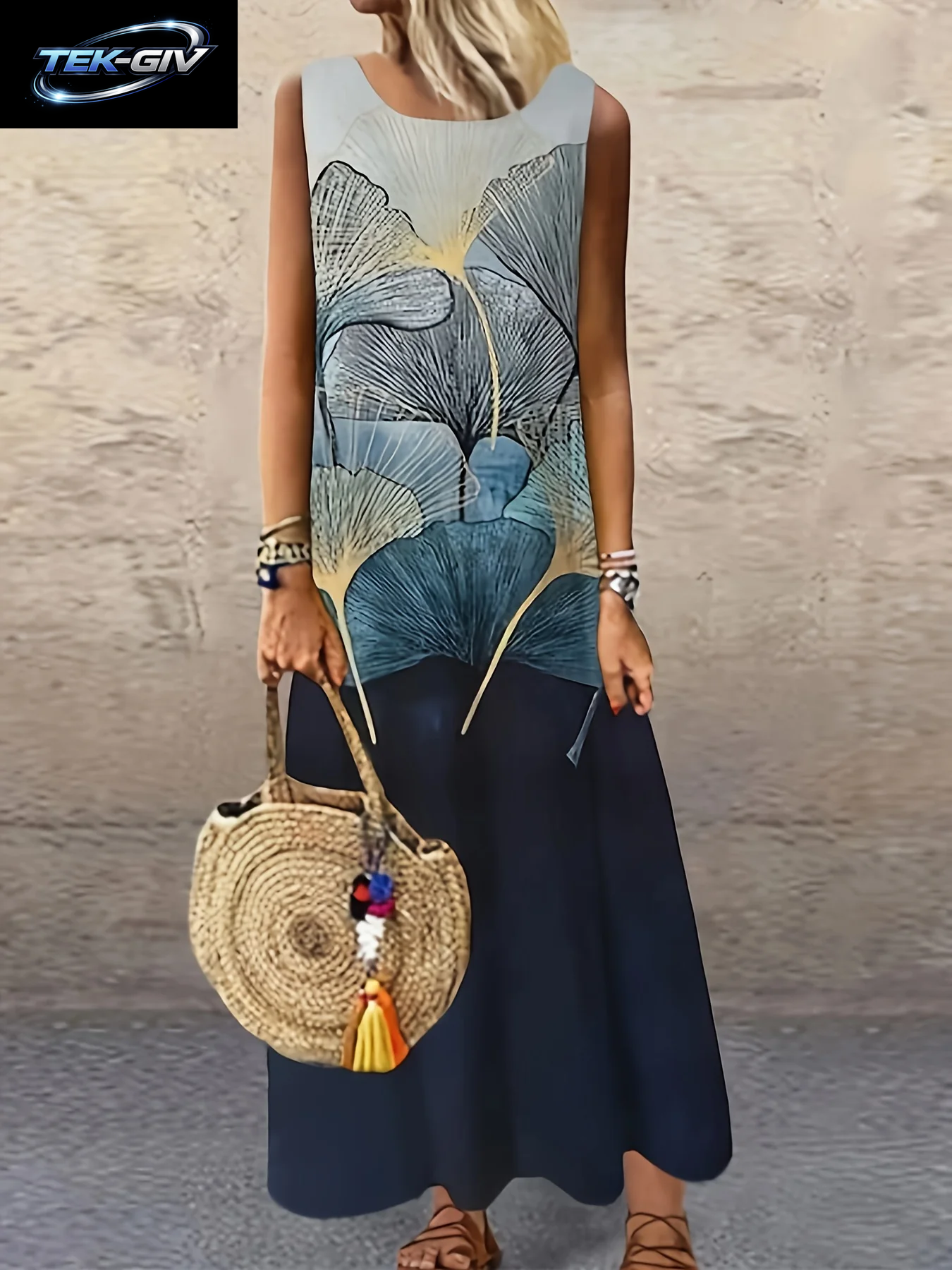Boho-Urlaubskleid Mit Sonnenblumen-Ethno-Print, Rundhals, Locker Geschnittenes Langes Urlaubskleid, Dopamin-Kleid, Leichtes, Reifes Maxikleid