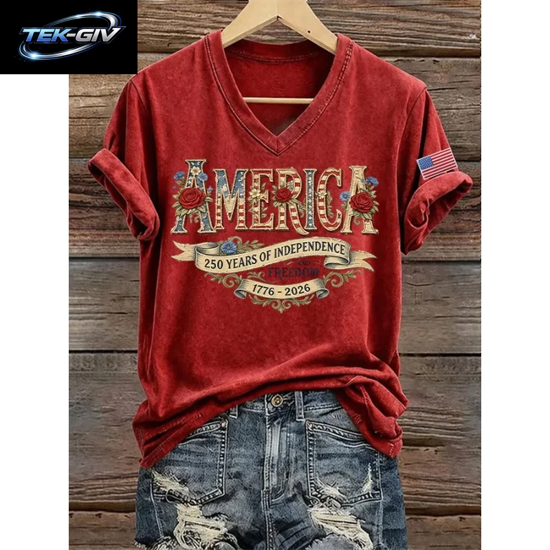 NEUE Damen-T-Shirts Mit Us-Flaggen-Aufdruck 1776-2026, Sommer-T-Shirt Zum 250. Jahrestag Amerikas, Kurzärmelig, Lässige Oberteile Mit V-Ausschnitt