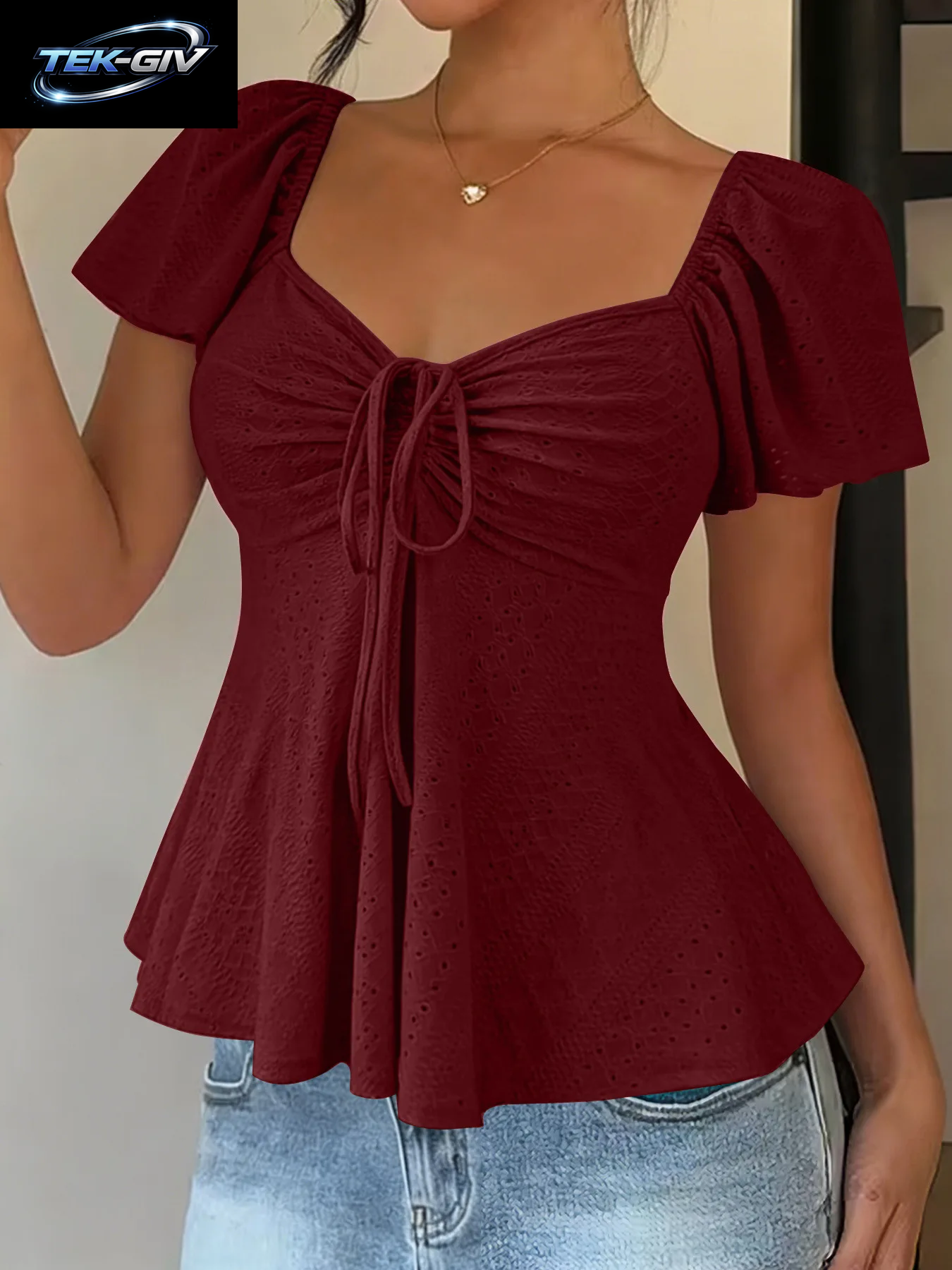 2026 Frauen Y2K Sommer Tops V-Ausschnitt Kordelzug Sexy Spitze up Kurzarm Einfarbig Shirts Weibliche Elegante Casual Mode Blusen