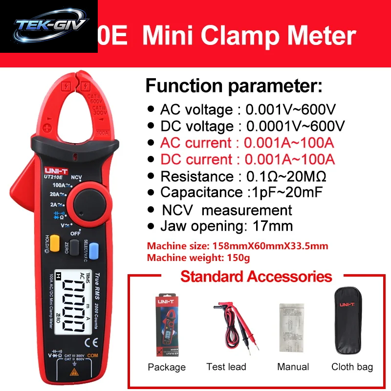 UNI-T UT210E UT210D Digitales Zangenamperemeter AC/DC Amperemeter Zangenmessgerät NCV True RMS Zangenmultimeter Hvac-Werkzeuge Elektriker-Multitester