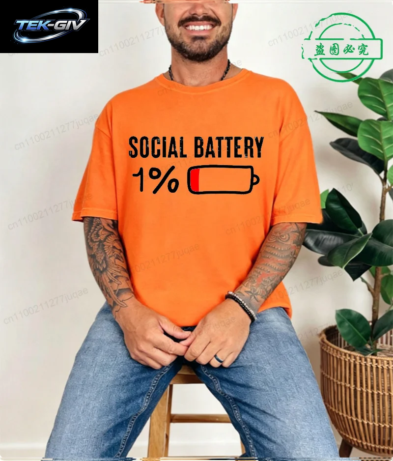 T-Shirt Für Männer, Social Battery 1 Percent, Lustiges Introvert-T-Shirt, Herren-Tops, Freizeitkleidung, Übergröße, Vintage-Kleidung, Trend-T-Shirt
