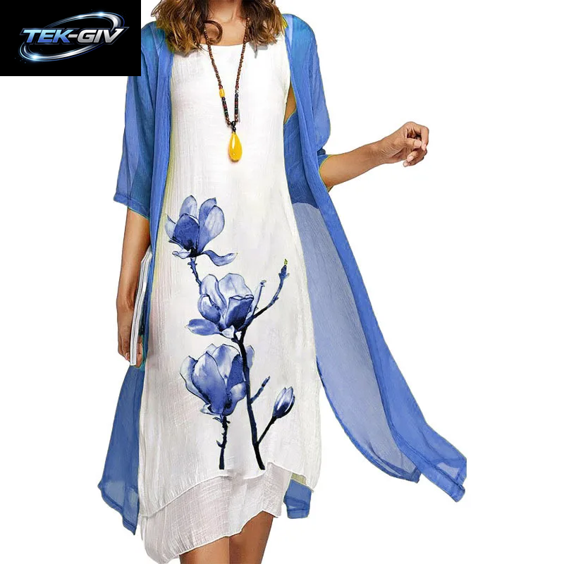 2025 Neu! Eu-Us Sommer-Set Für Damen, Lässig, Eleganz, 2, Bedruckt, Rundhalsausschnitt, Lockeres Kleid, Pullover, Mantel