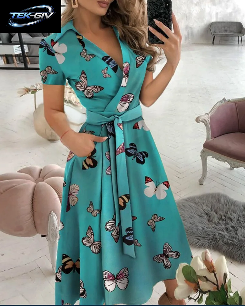 Sommerkleid Mit Regenbogen-Streifendruck, 2023, Damen, Mit Knöpfen, Kurze Ärmel, Lässig, Vintage-Hemd, Langes Kleid, Elegante Damen-Maxikleider