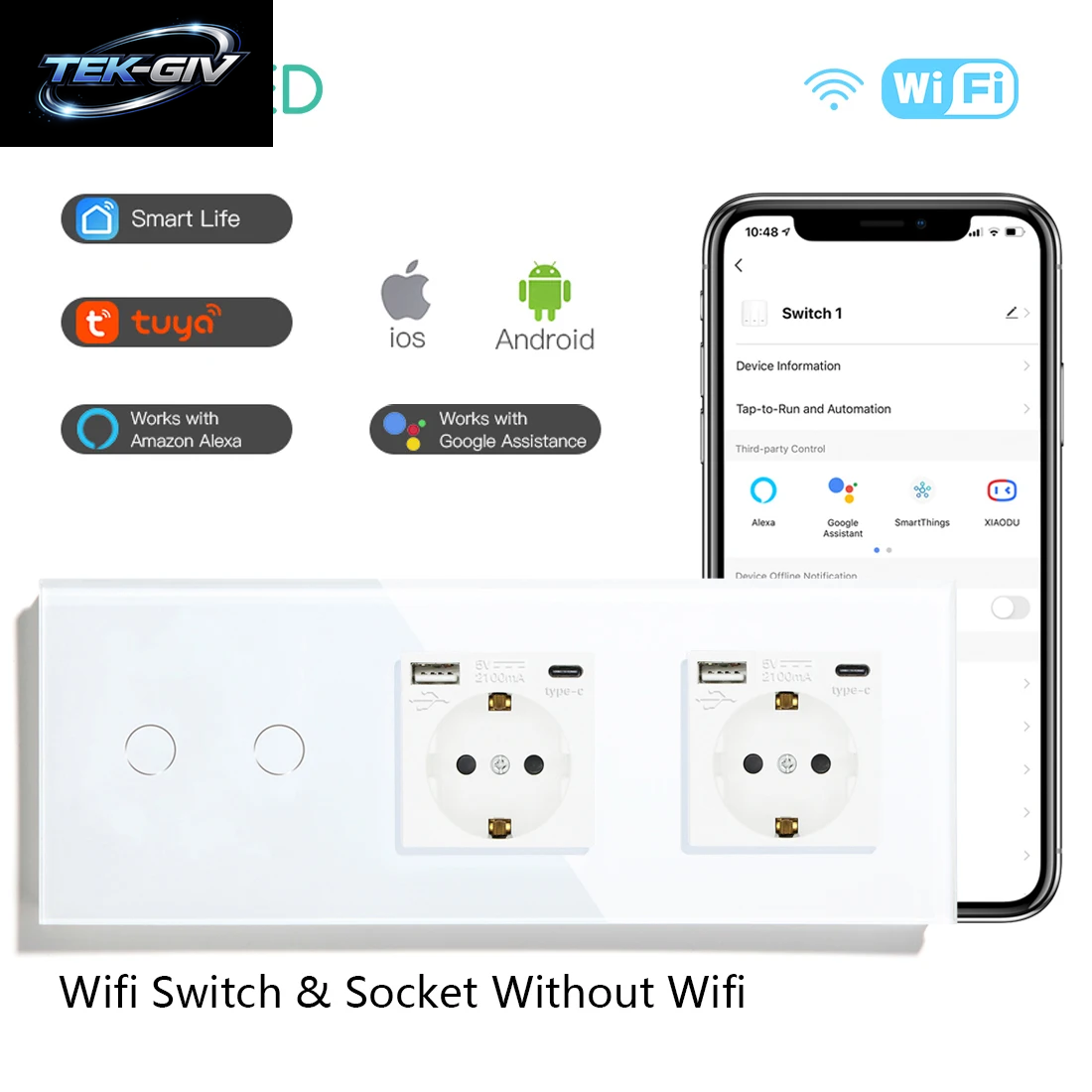 BSEED Wifi Touch Schalter Wand Licht Schalter Mit EU Buchse USB Typ-C Stecker Tuya Smart Leben Alexa Yandex App Steuerung Glas Panel