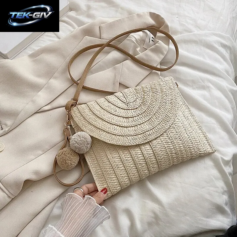 Handgemachte Stroh Strand Schulter Umhängetasche Mädchen Umschlag Gewebt Sommer Kleine Haar Ball Clutch