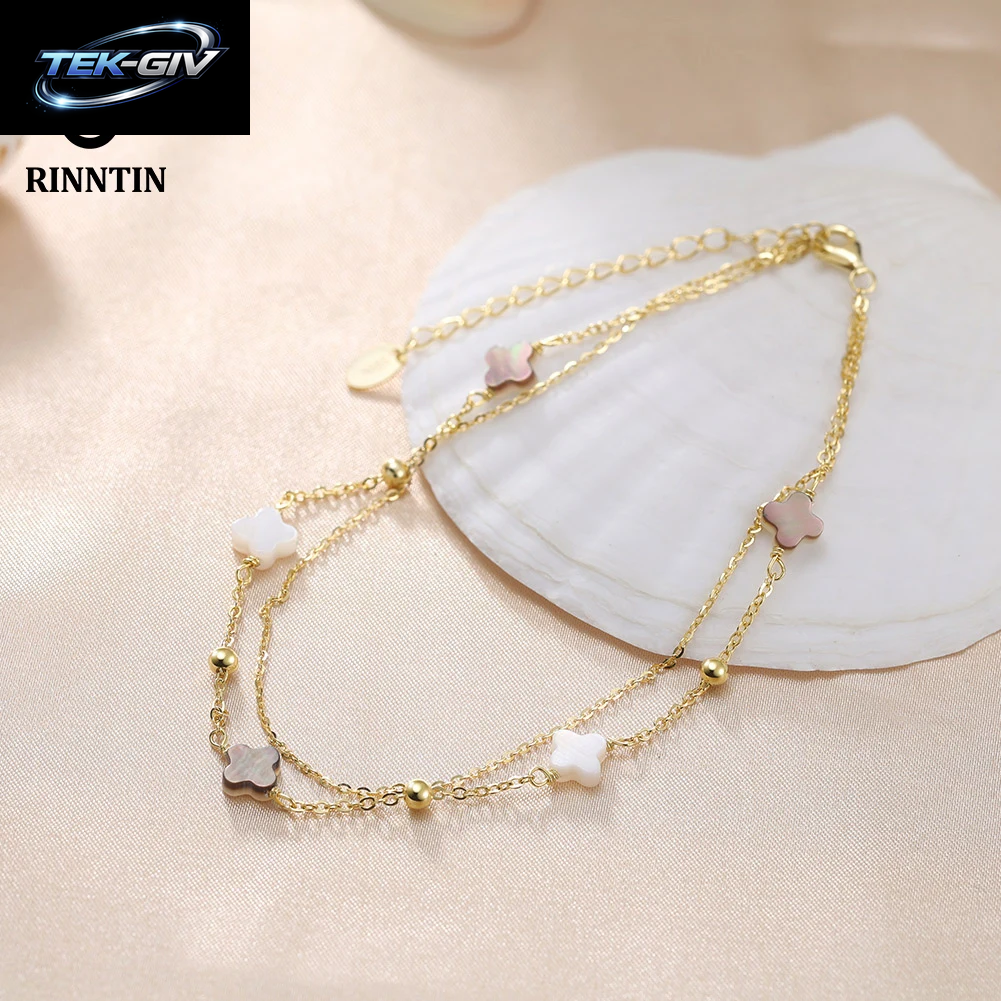 Rinntin Fußkettchen Aus Echtem 925Er-Sterlingsilber, Doppellagig, Kleeblatt-Kette, Glücksklee-Charm-Fußkettchen, Armband, Damenschmuck, GMA02