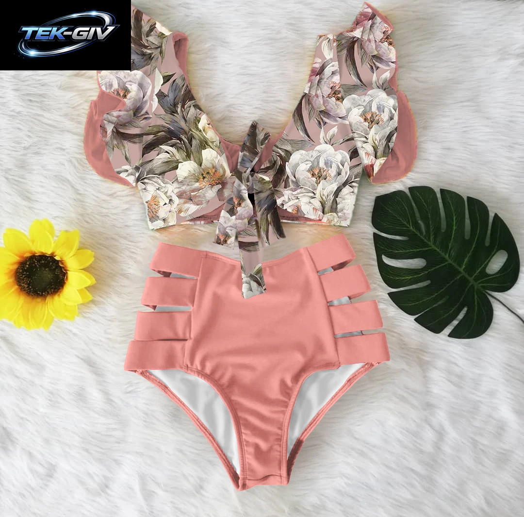 2026 High-Waist Bandage Bikini-Set Für Damen Mit Blumenmuster, Rüschen, Push-Up Und Riemchen – Brasilianischer Biquini Badeanzug