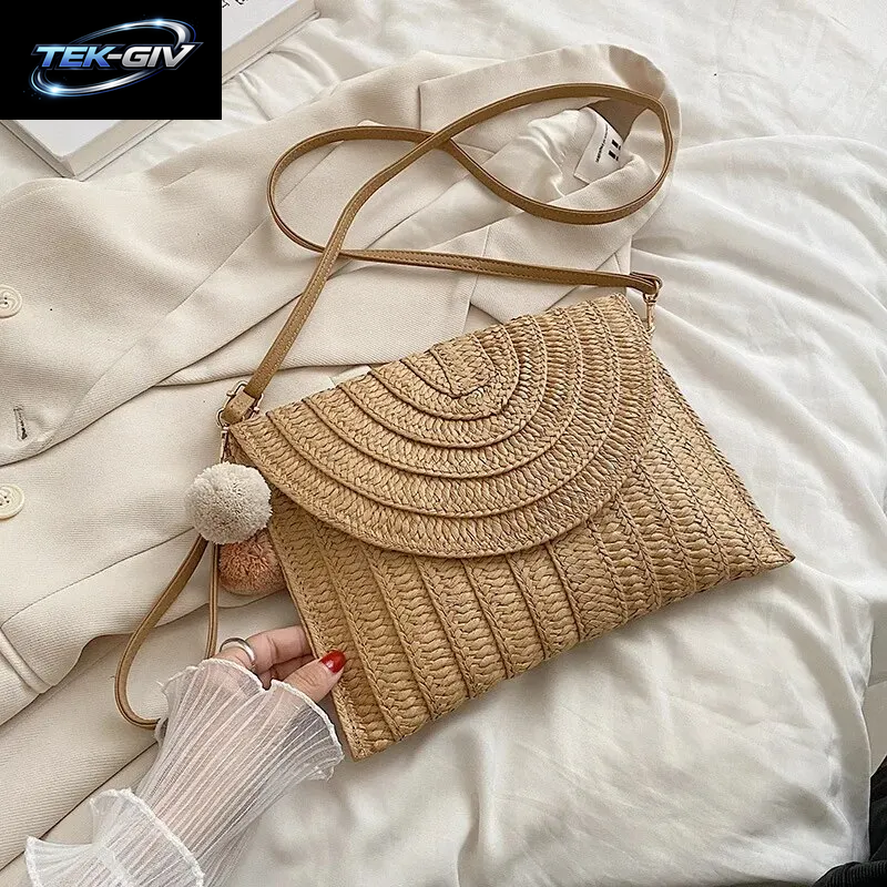 Handgemachte Stroh Strand Schulter Umhängetasche Mädchen Umschlag Gewebt Sommer Kleine Haar Ball Clutch