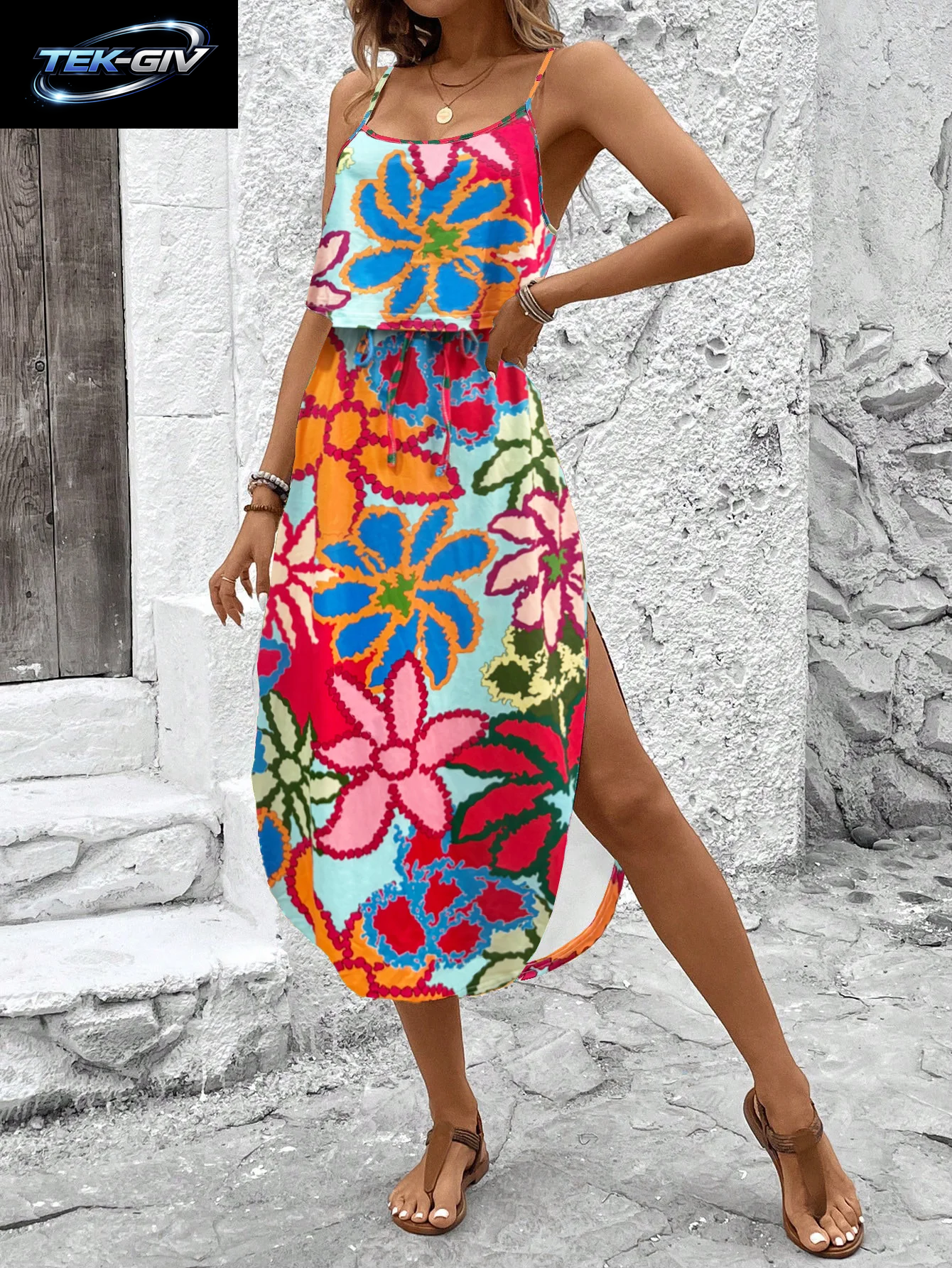 Sommerkleid Mit Spaghettiträgern Für Damen, Gürtel Und Seitenschlitz – Lässiges, Ärmelloses, Fließendes Kleid