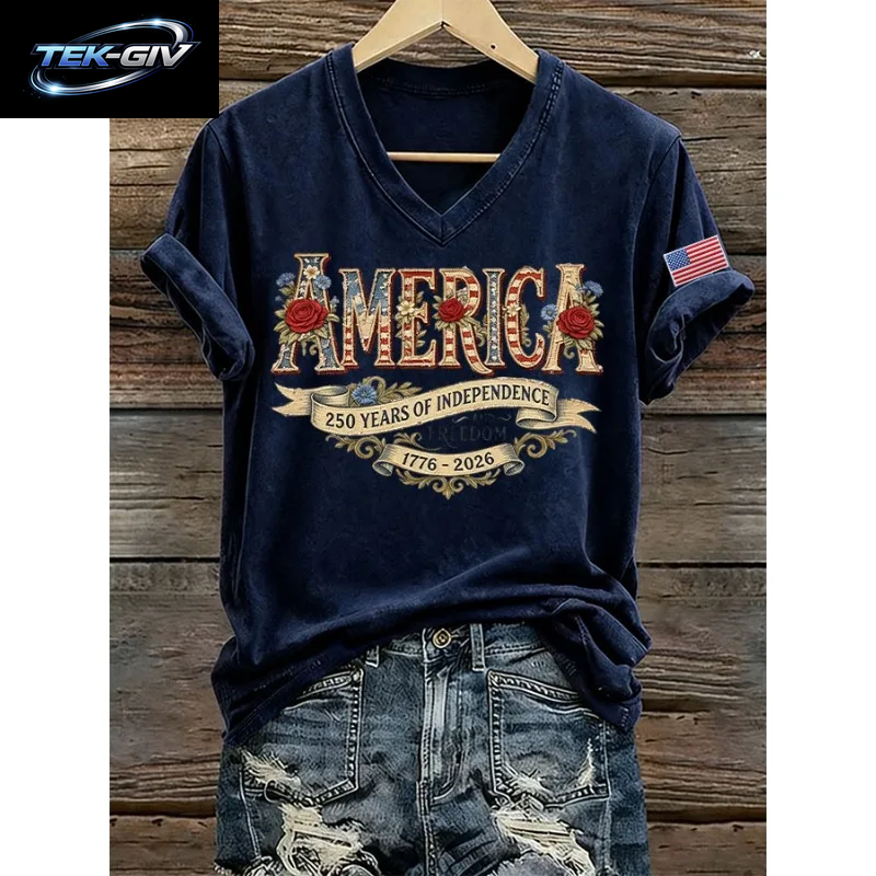 NEUE Damen-T-Shirts Mit Us-Flaggen-Aufdruck 1776-2026, Sommer-T-Shirt Zum 250. Jahrestag Amerikas, Kurzärmelig, Lässige Oberteile Mit V-Ausschnitt