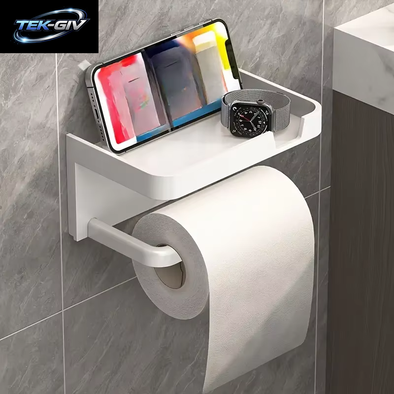 1 Packung an Der Wand Montierter Toiletten Papier Halter Ohne Bohrer Mit Regal Und Telefon Halter, Polypropylen-Material, Taschentuch Rolle Für Badezimmer