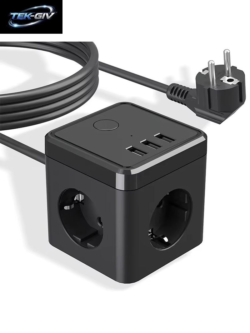 Cube Mehrfachsteckdose Mit Usb-Schnellladeanschluss, 3-Wege-Steckdose Mit Schalter, 2 Euro- Und 1 Schuko-Steckdose Für Zuhause, Schlafzimmer, Büro