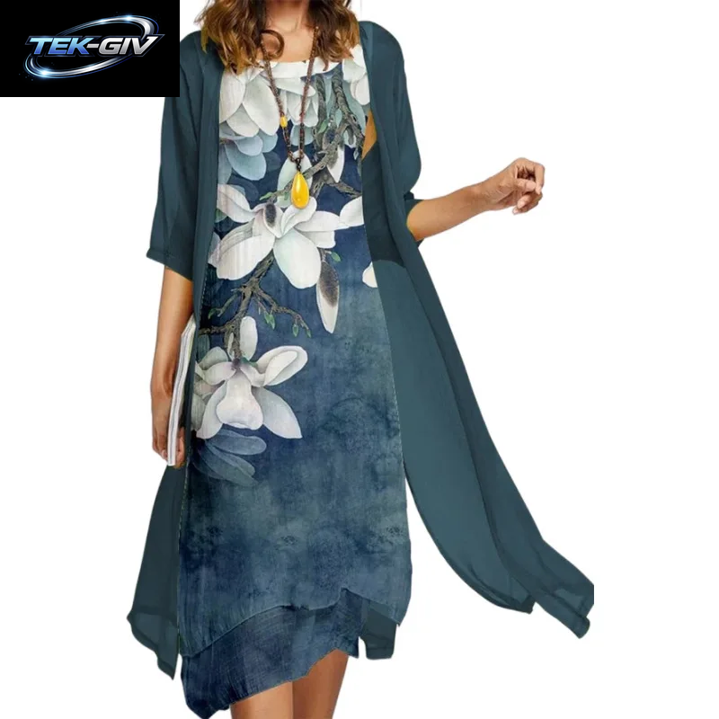 2025 Neu! Eu-Us Sommer-Set Für Damen, Lässig, Eleganz, 2, Bedruckt, Rundhalsausschnitt, Lockeres Kleid, Pullover, Mantel